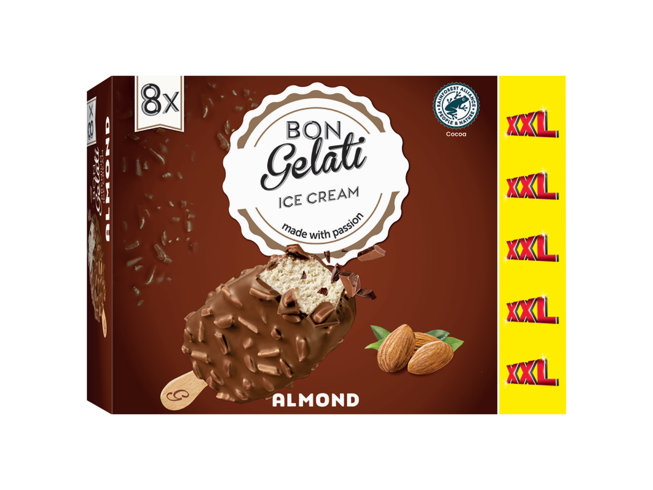 Confezione di gelato Bon Gelati al gusto mandorla, con 8 pezzi e logo XXL.