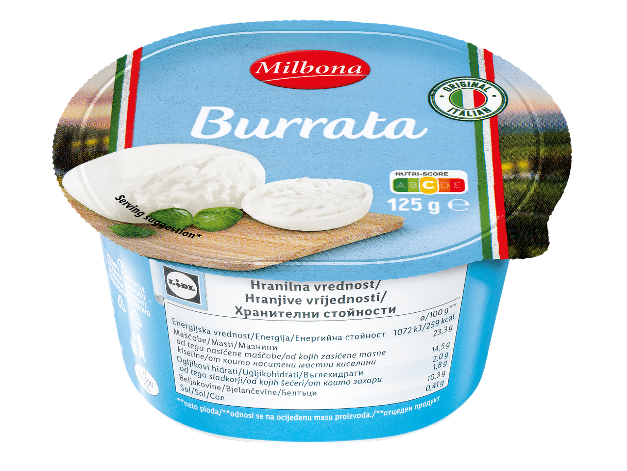 Опаковка бурата със сервиране, хранителна информация и Nutri-Score.