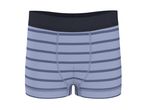 Light blue men's boxer briefs with dark blue horizontal stripes and a dark blue waistband.