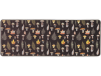 A dark brown mat with a pattern of mushrooms, ferns, and autumn leaves.