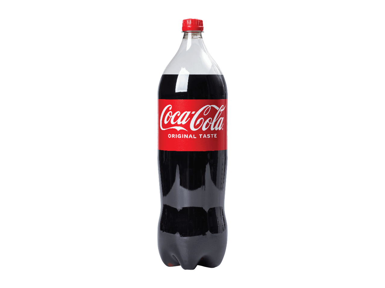 Gāzēta dzēriena pudele ar sarkanu etiķeti un uzrakstu «ORIGINAL TASTE»