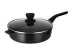 Black frying pan with a glass lid and a long handle