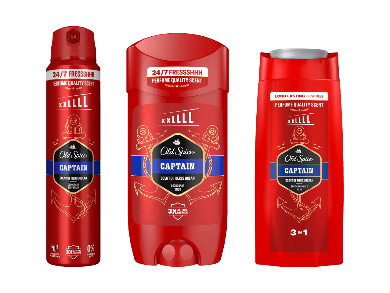 Drei Old Spice Captain Produkte: Deodorant Spray, Stick und 3-in-1 Duschgel.