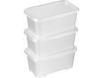 Three stackable plastic storage containers with lids.