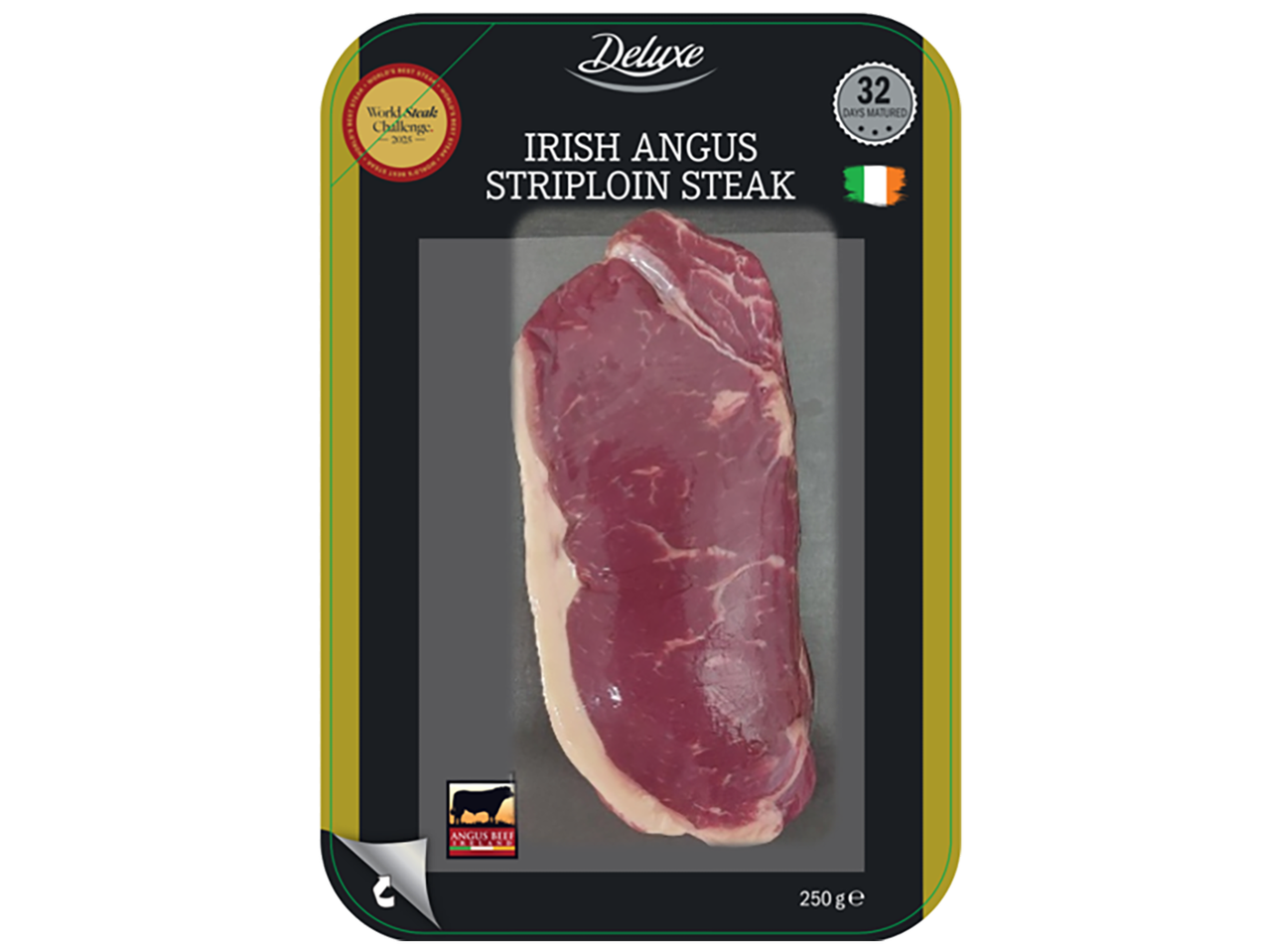 Un emballage de steak de surlonge de bœuf Angus irlandais, 32 jours de maturation, 250g.