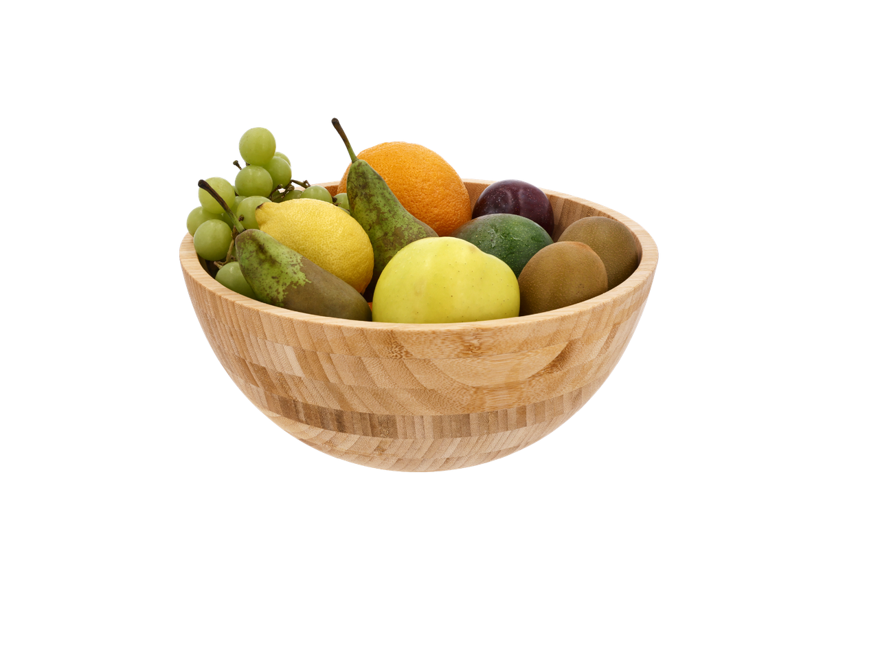 Дървена купа с грозде, лимони, круши, портокал, сливи, киви и ябълка.