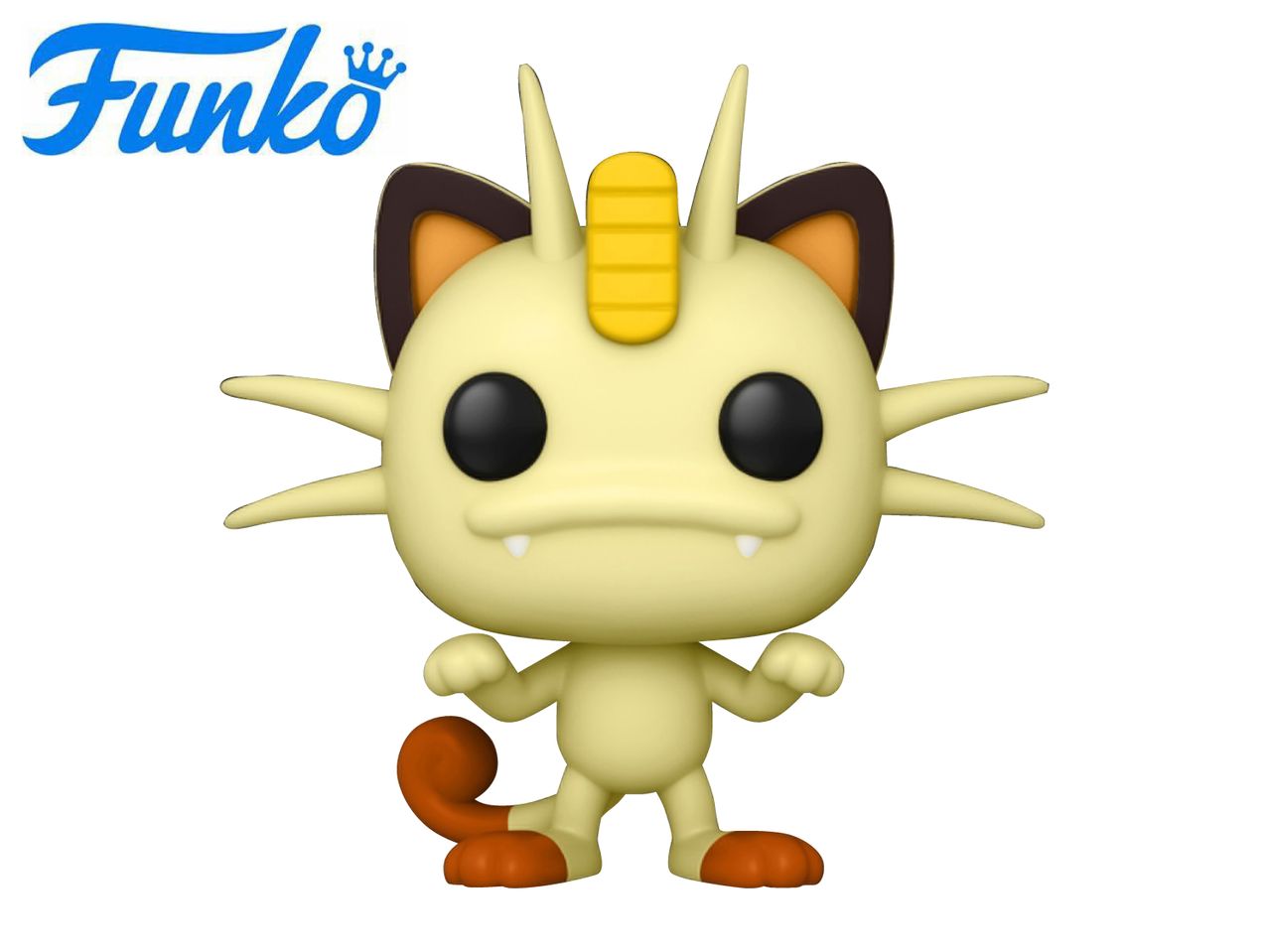 A cream-colored cat-like collectible figure with large black eyes and a gold coin on its head.