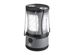 Grey camping lantern with LED lights, a power button, and a compass on top.