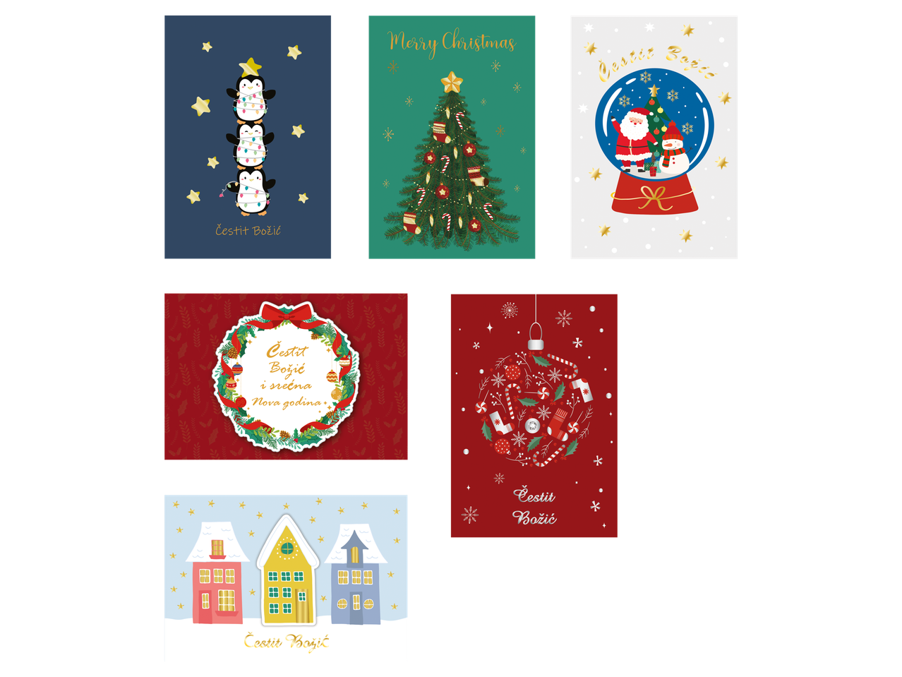 Crelando® set božićnih čestitki sa raznim motivima poput pingvina, jelki i snežnih kugli.