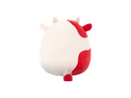 Plush cow toy, white with red patches, viewed from the back.