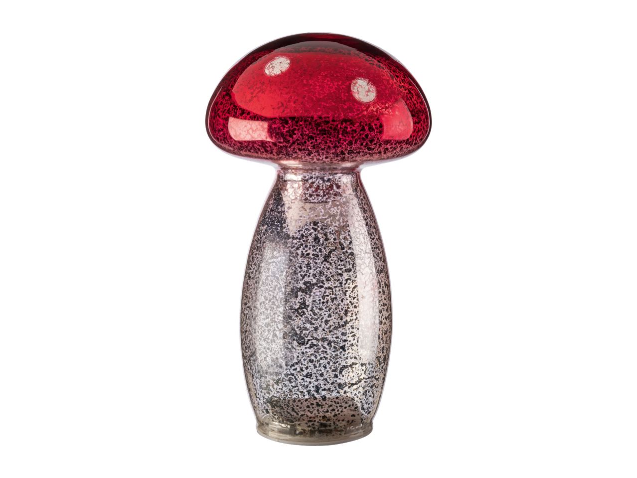 Red and silver mushroom-shaped decorative glass ornament with a speckled texture.