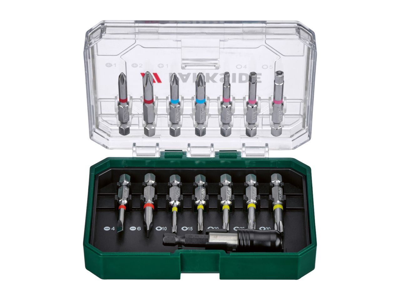 Parkside screwdriver bit set in a clear and green plastic case.