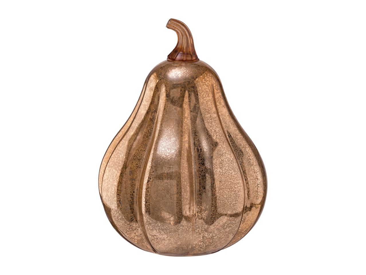 A decorative pear-shaped glass pumpkin with a metallic bronze finish.