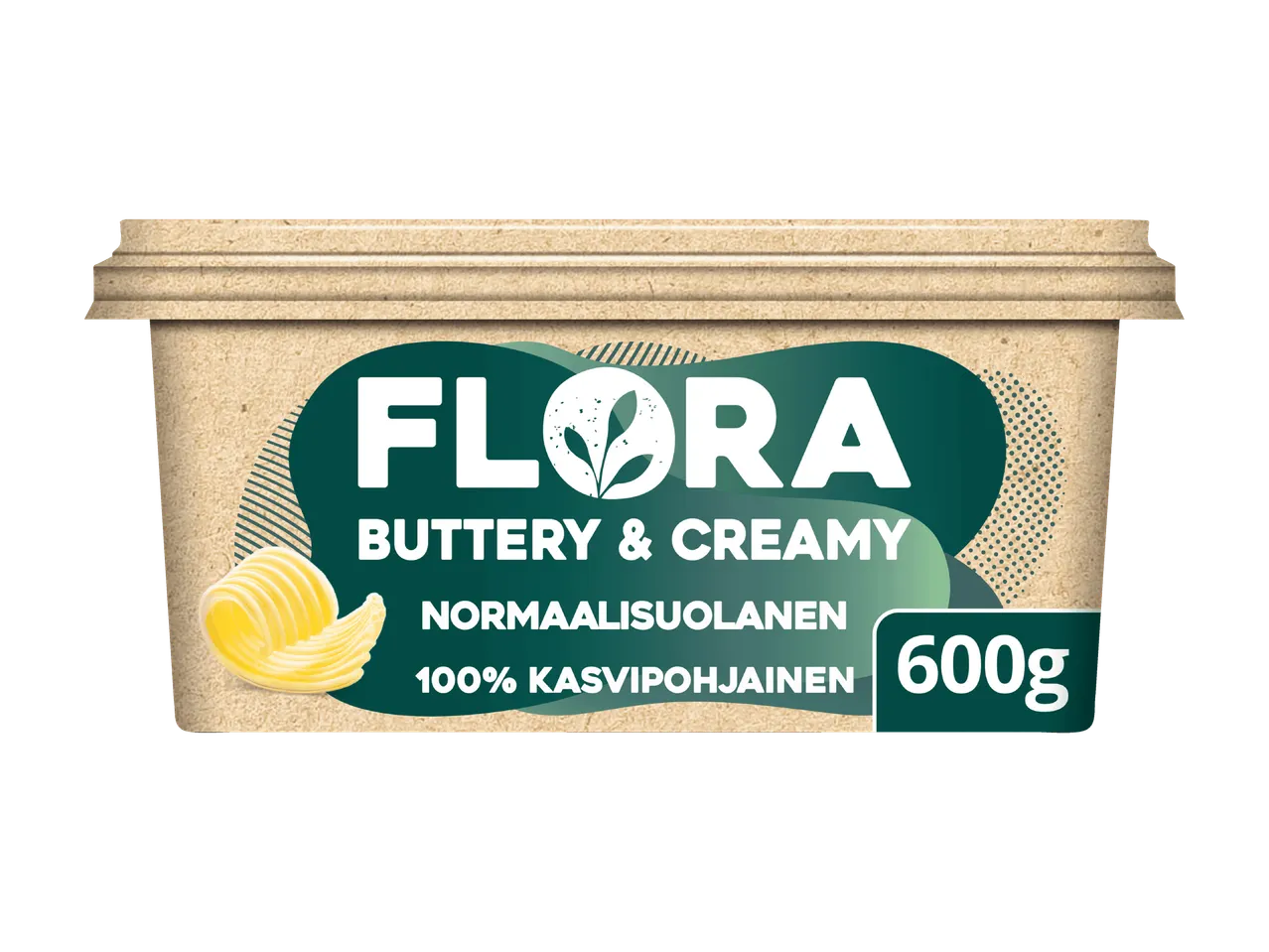 Flora Buttery & Creamy -levite, 600g, normaalisuolainen ja 100% kasvipohjainen.