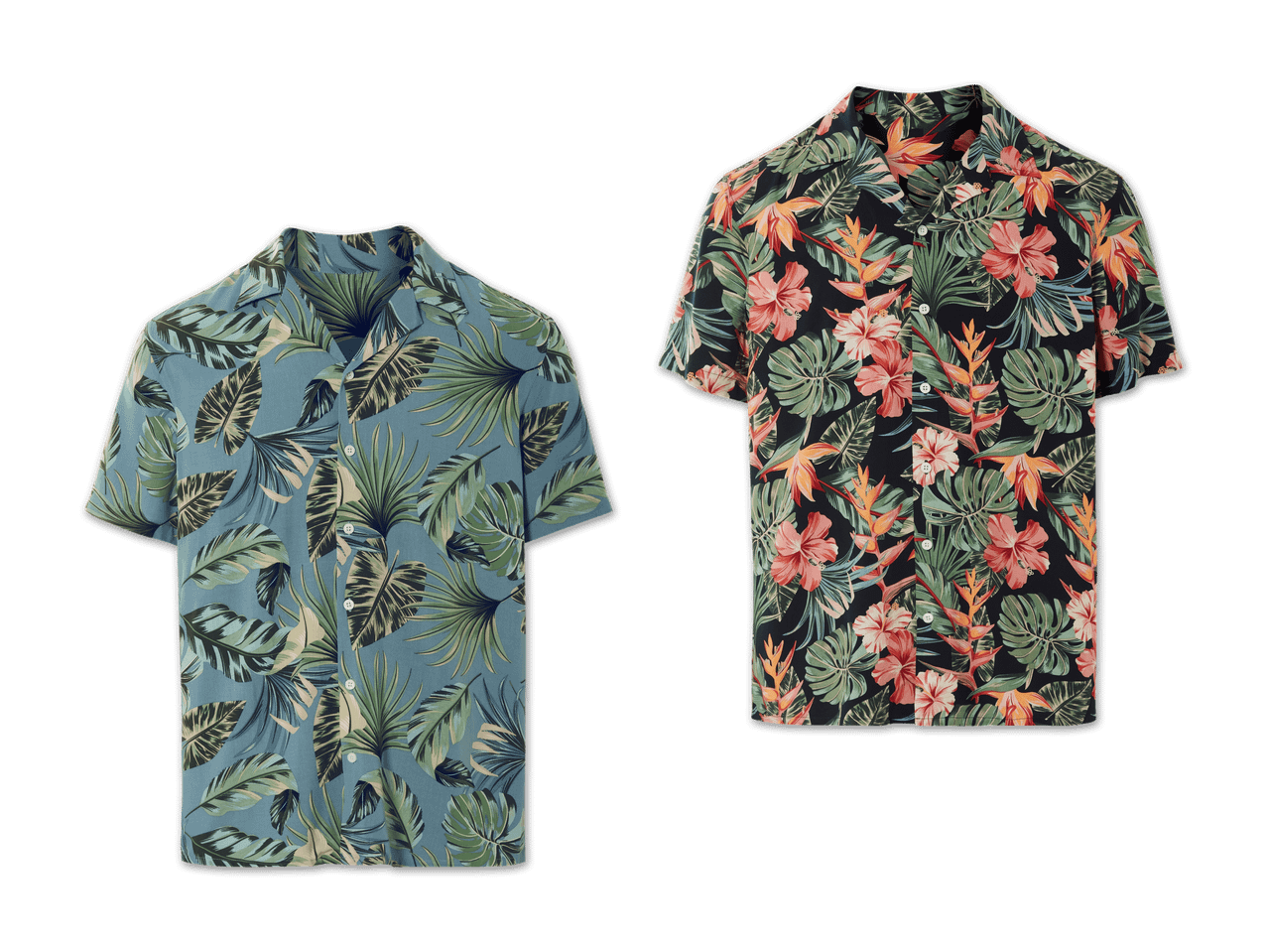 Zwei Herren-Hawaiihemden mit tropischen Blumenmustern.