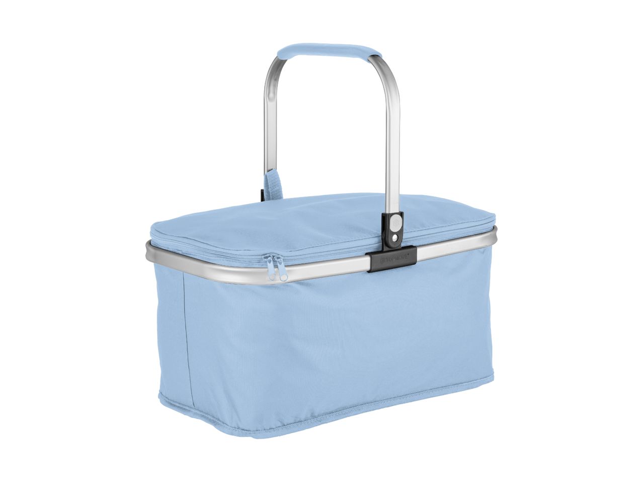 En lyseblå picnic kurv med aluminiums håndtag.