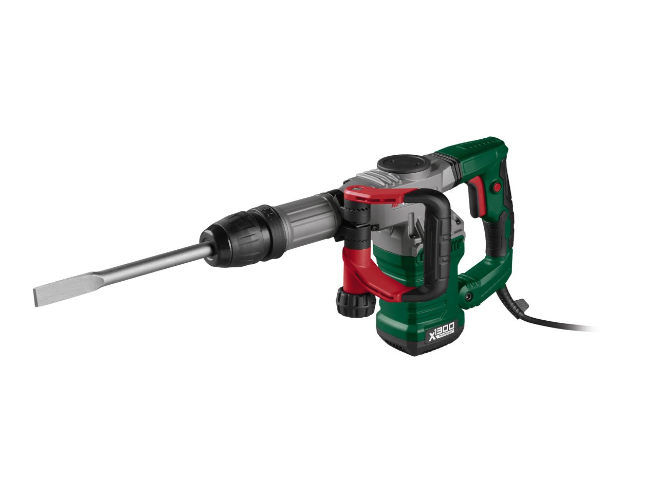 Green and red hammer drill with a chisel bit, angled view.