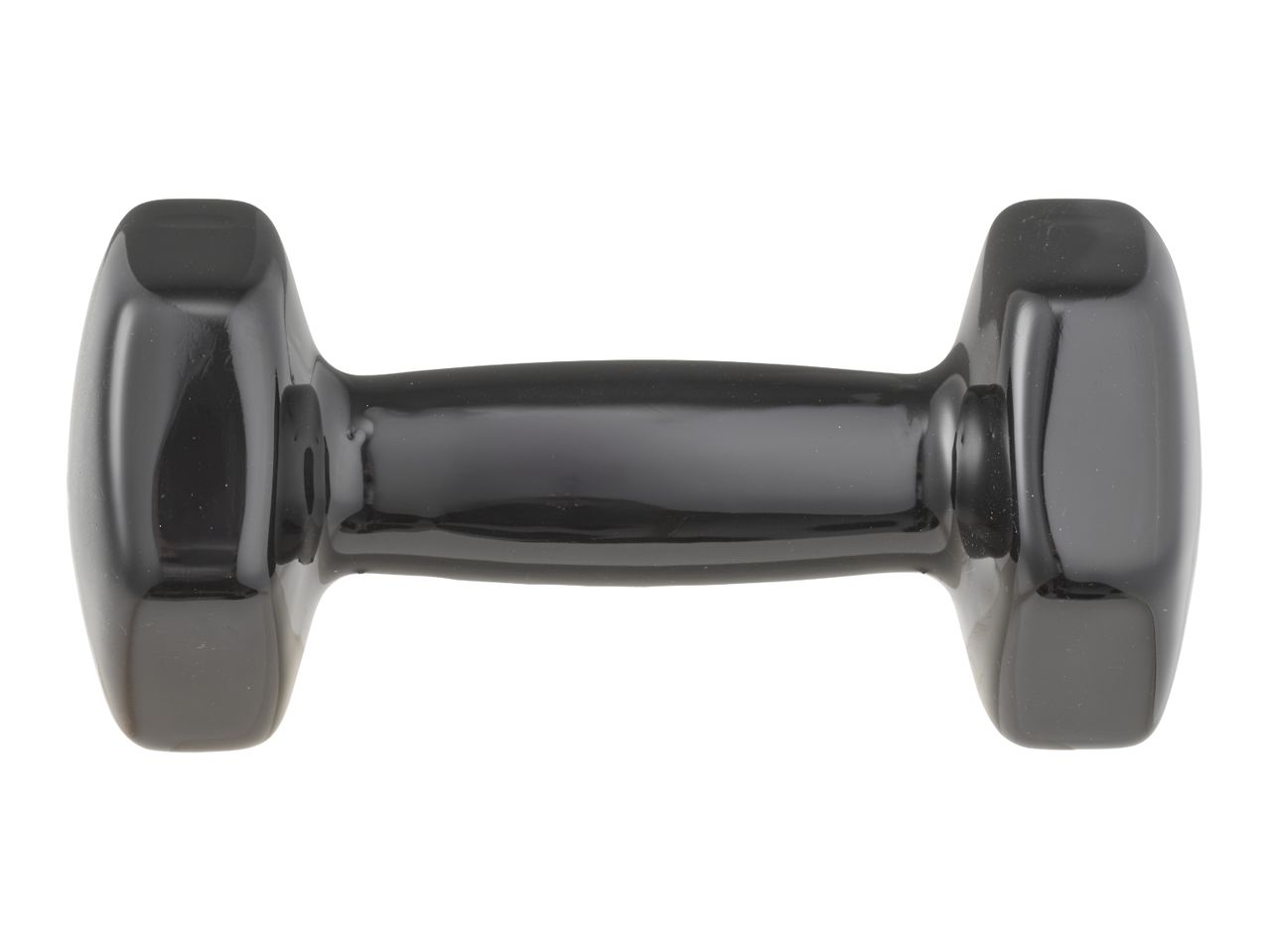 Black dumbbell with a glossy finish on a white background