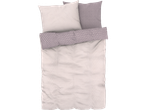 A mauve and white patterned duvet cover set with matching pillows.