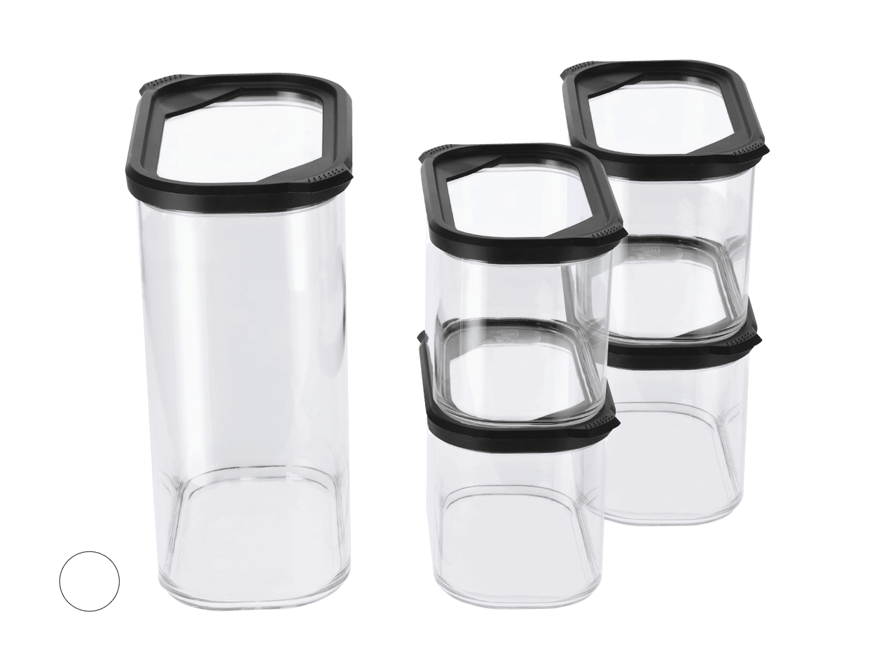 Récipients alimentaires transparents avec couvercles noirs, de différentes tailles.