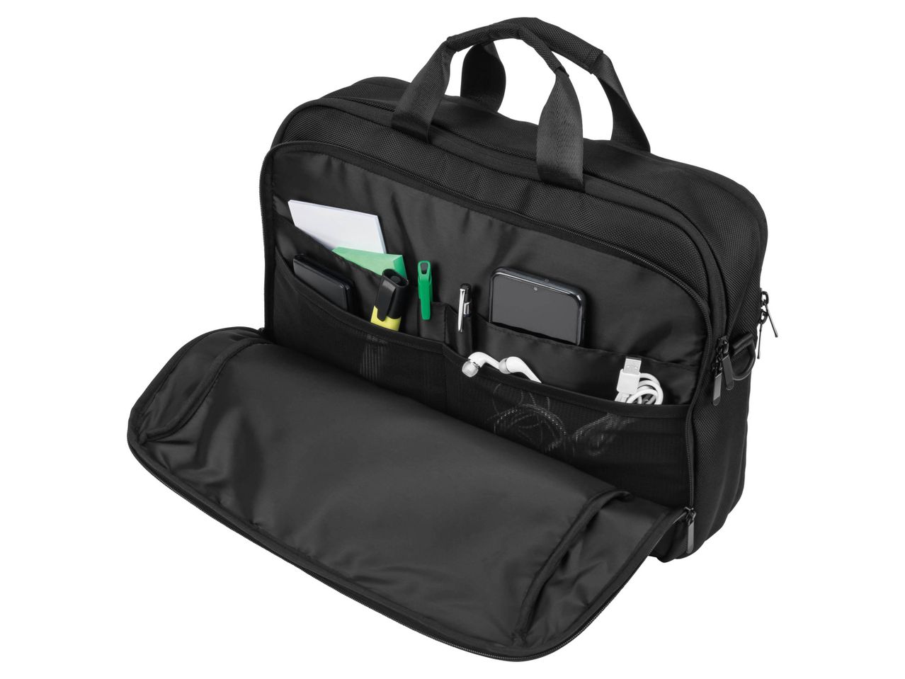 Black Laptop Bag with open compartments holding a phone, pens, and other items