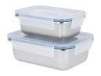 Two rectangular stainless steel food containers with clear plastic lids and blue seals.