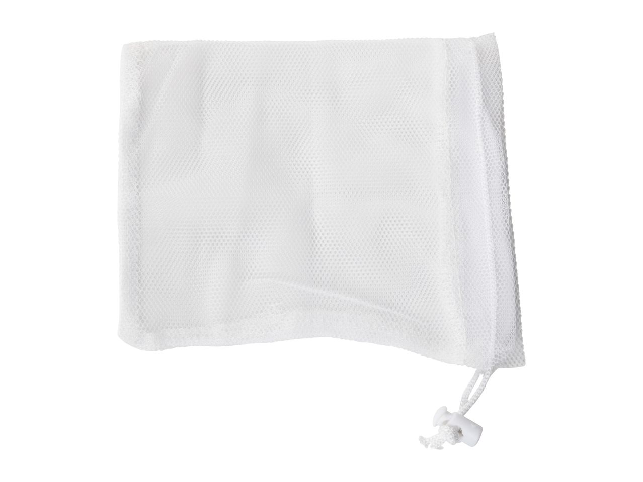 White mesh laundry bag with drawstring closure