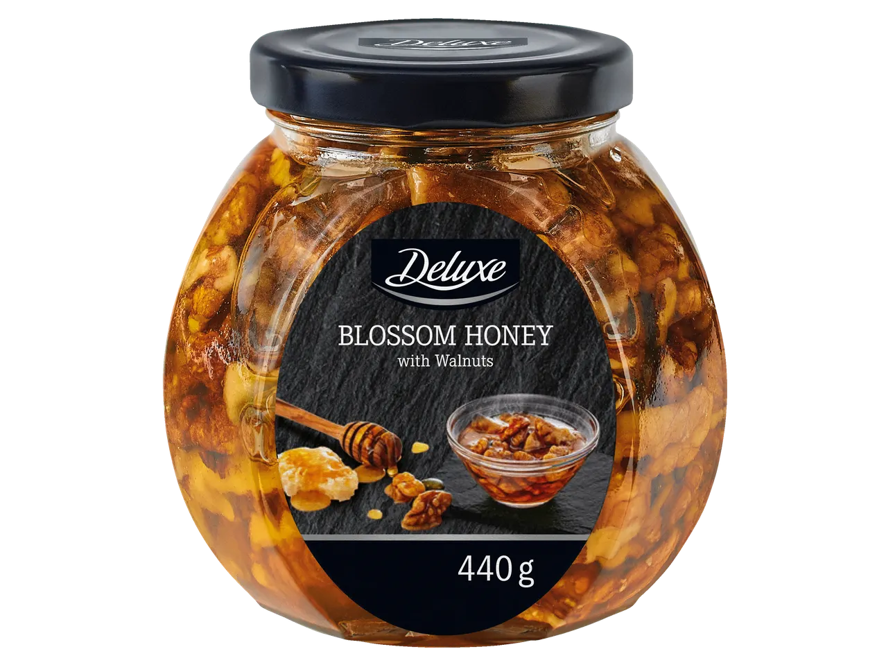 Deluxe Ziedu medus ar valriekstiem burkā, 440g