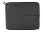 A dark gray, square kitchen hot pad with a hanging loop.