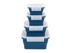 Stack of four collapsible food storage containers with white lids and blue bases.