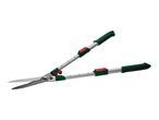 Long-handled hedge shears with green and red accents.
