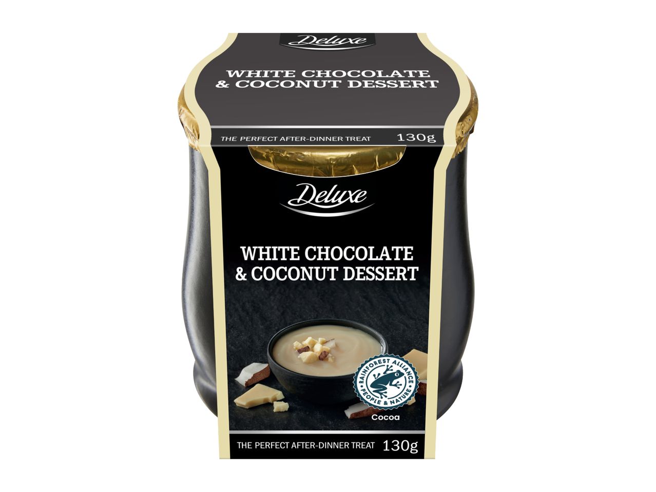 Deluxe White Chocolate & Coconut Dessert, 130g, with Rainforest Alliance cocoa.