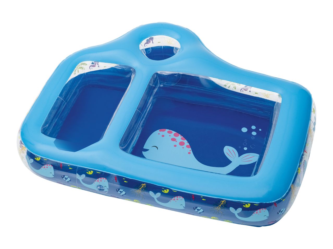 Blue inflatable baby pool with two sections and whale design