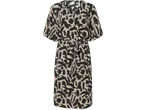 Rochie midi înfășurată cu imprimeu abstract bej și negru.