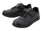Pair of black children's school shoes with hook-and-loop fasteners.