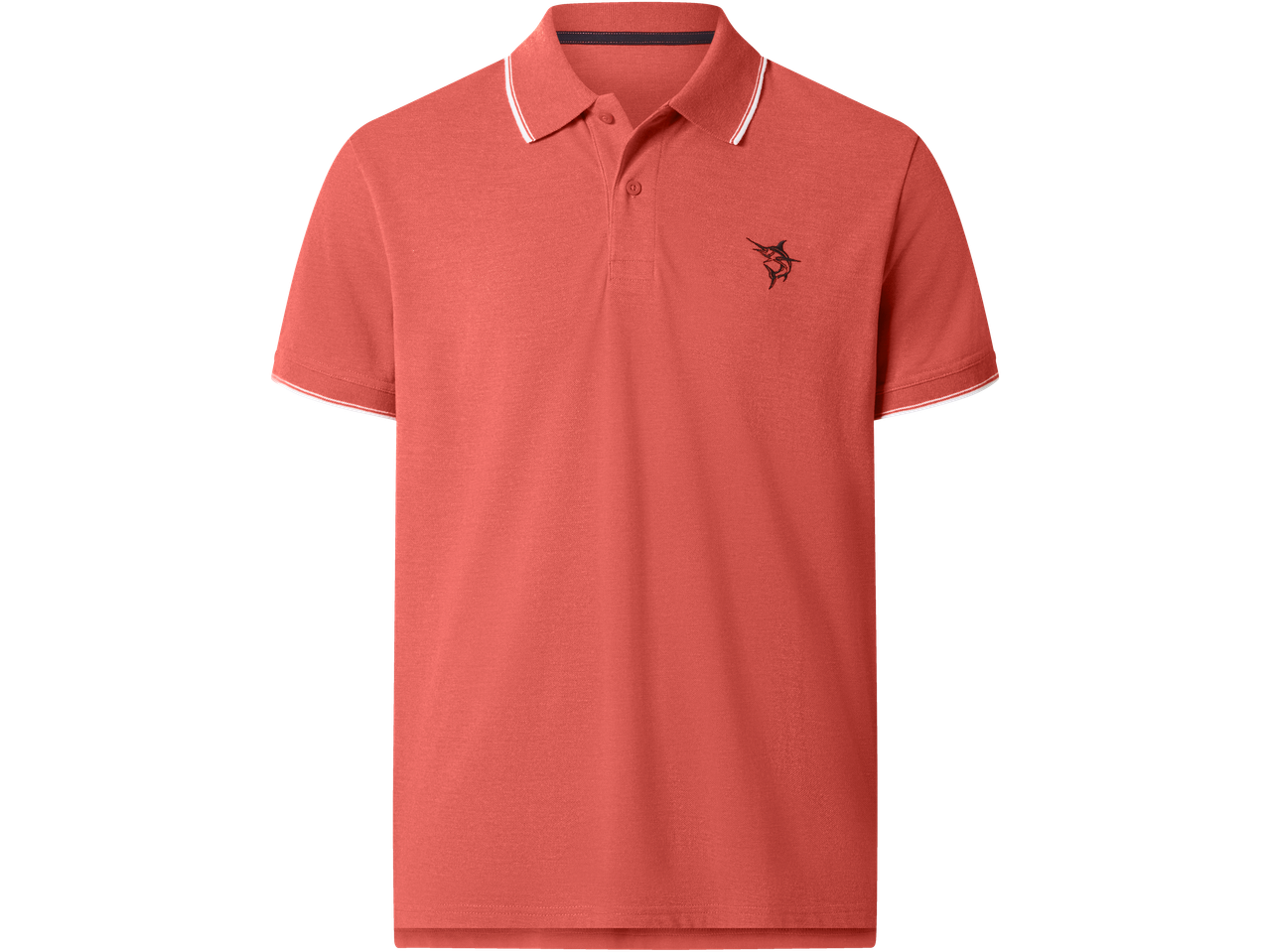 Koraljna polo majica kratkih rukava s bijelim prugama na ovratniku i rukavima, s vezom sabljarke.