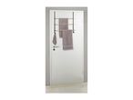 Over-the-door towel rack with three wooden bars and a hook, holding three grey towels.