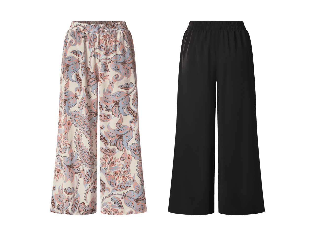 Deux pantalons larges : un à motif cachemire coloré et un noir.