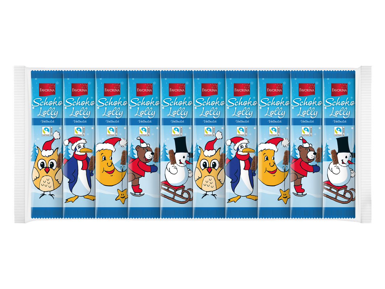 Dešimt Favorina Schoko Lolly batonėlių su žiemos tematika.