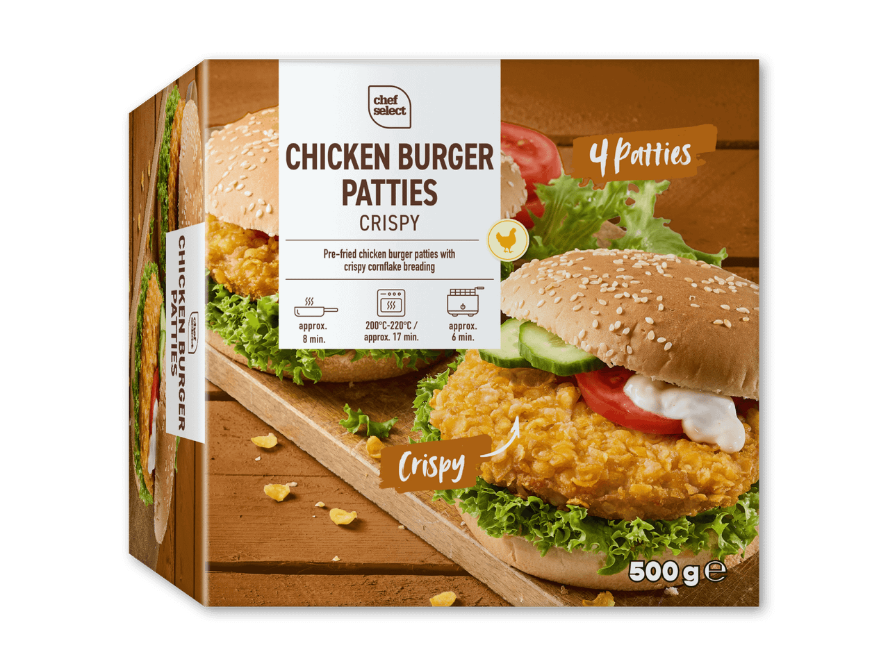 Kasse med 4 sprøde kyllingeburgerbøffer, 500g, med tilberedningsinstruktioner.