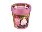 Bæger med lyserød låg og etiket med lychee-sorbet, lychee-frugter og grønne blade.