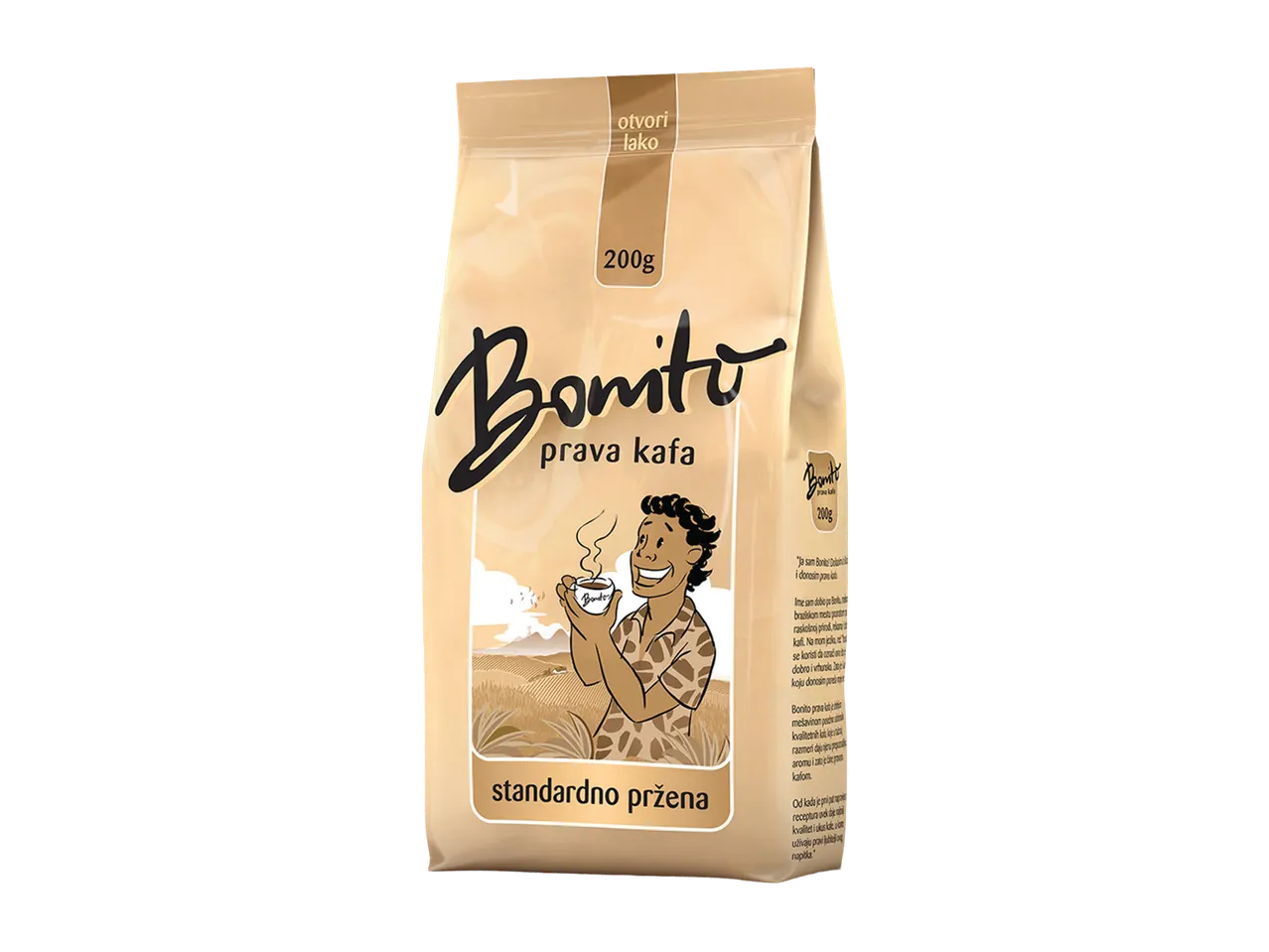 Pakovanje kafe sa natpisom 'Bonito prava kafa' i ilustracijom čoveka koji pije kafu.