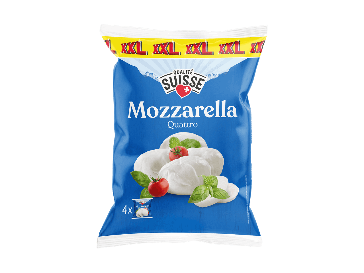 Packung Mozzarella Qualité Suisse Quattro mit 4 Portionen.