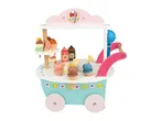 Wooden toy ice cream cart with various ice cream treats and toppings.