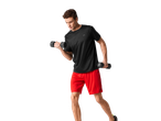 Man weight training in sportswear with dumbbells.