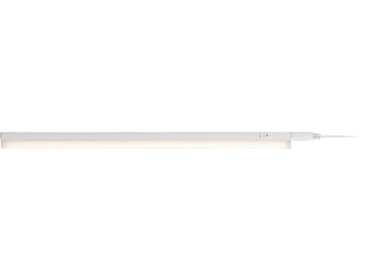 En vit, avlång LED-list med en strömbrytare och en ansluten kabel.