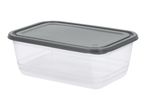 Clear rectangular food storage container with a dark grey lid.