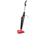 Black and red steam mop with a silver handle and a white cleaning pad.