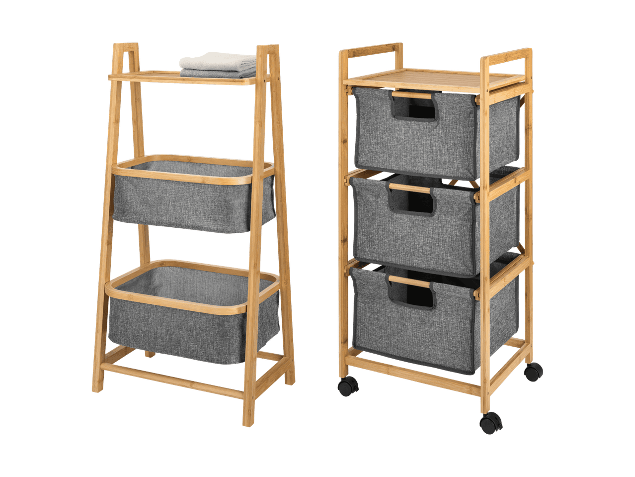 Deux étagères en bambou avec des paniers en tissu gris, l'une avec des roulettes.