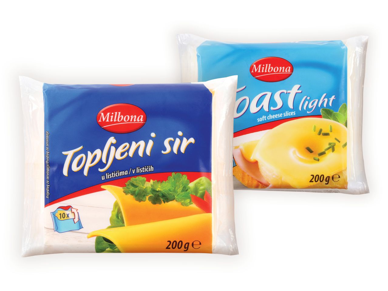 Pakiranja Milbona topljenega sira in Toast Light sira.